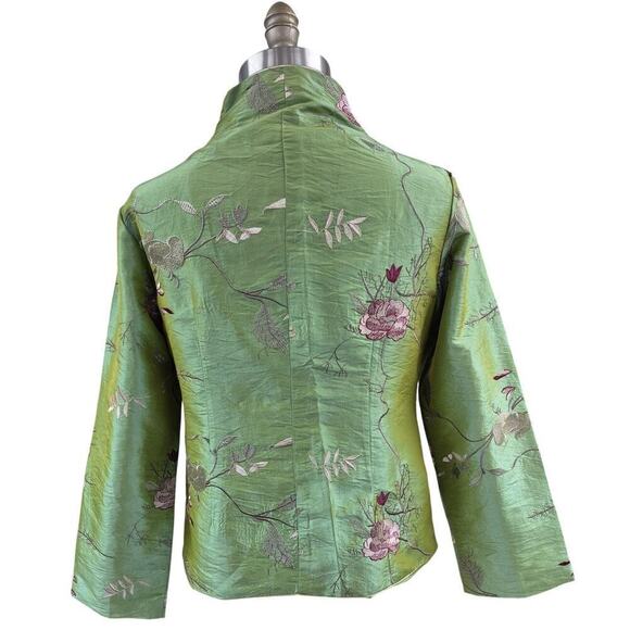 YA LI Asian Green Iridescent Jacket Embroidered Floral Design Fully Lined Sz L - Picture 3 of 7